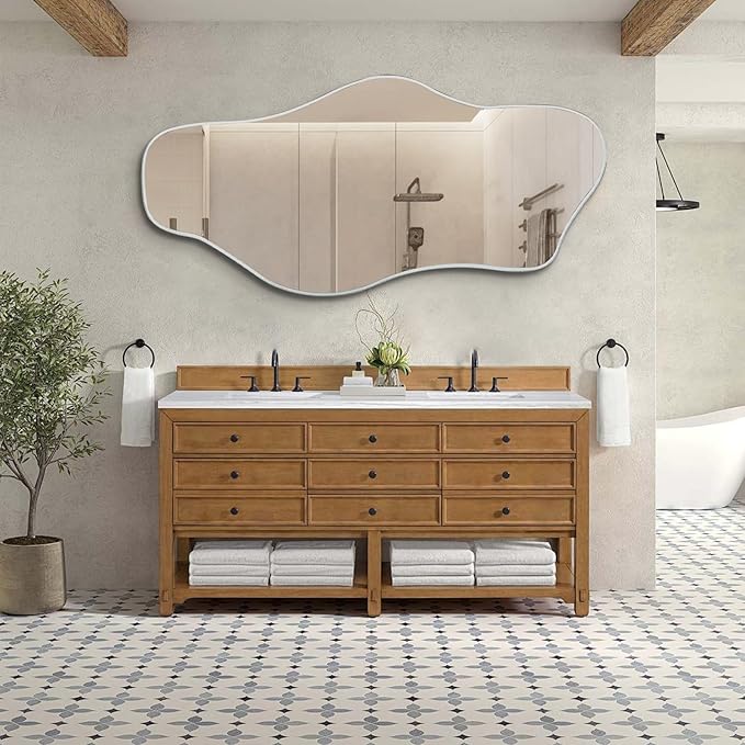 Large Irregular Mirror, 63"x30" Silver Asymmetrical Tempered Glass Mirror, Modern Organic Frameless Wall Mirrors for Living Room Bedroom Hallway Entryway, Horizontal or Vertical Hanging