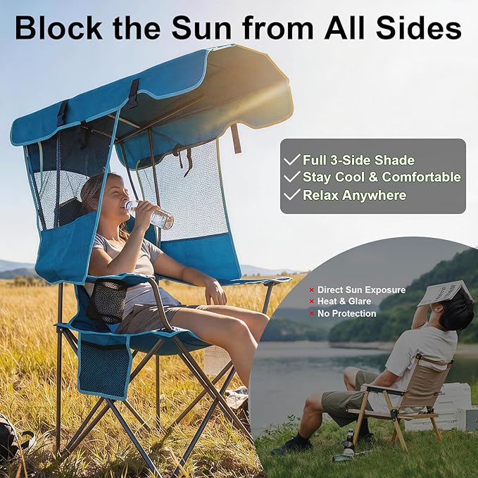 Romswi Large Folding Canopy Camping Chairs for Adult 2 Pack, Portable Outdoor Chairs with Sunshade,Cup Holder & Side Pocket for Camping, Fishing, Beach, Backyard, Sea Blue