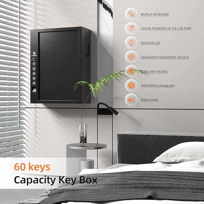 XDeer 60-Key Biometric Key Lock Box, Key Holder Wall Mount with Anti-Theft Key Slot and Combo Lock, Key Organizer Cabinet with Key Tags for Hotels & Offices 1PCS