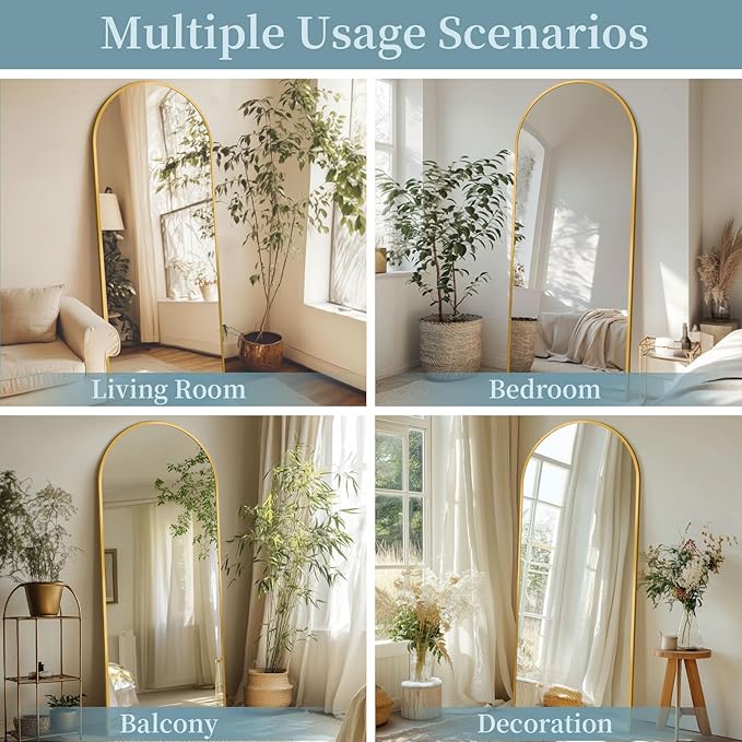 Full Length Mirror with Stand, 56"x14" Arched Full Body Mirror, Large Stand Up Aluminum Frame Floor Freestanding Hanging Leaning Mounted for Bedroom Living Room Entryway Gold