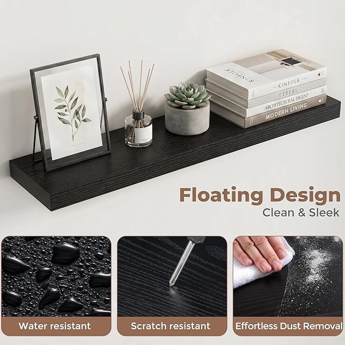 Venusmiles Floating Shelves for Wall, 30 Inch Floating Shelves Set of 2, 6.5" D Wooden Wall Mounted Display Shelves with Invisible Brackets for Living Room, Bedroom, Bathroom, Kitchen Decor, Black