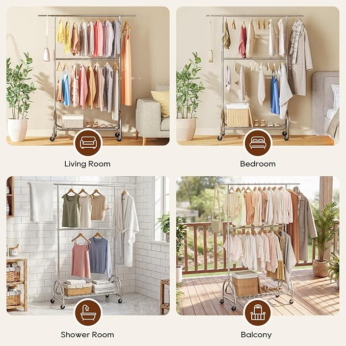 TigerParty Heavy Duty Clothes Rack for Hanging Clothes, Adjustable 2-Tier Rods Garment Rack with 750LBS Load Capacity, Freestanding Clothing Rack with Wheels & Bottom Storage Shelf