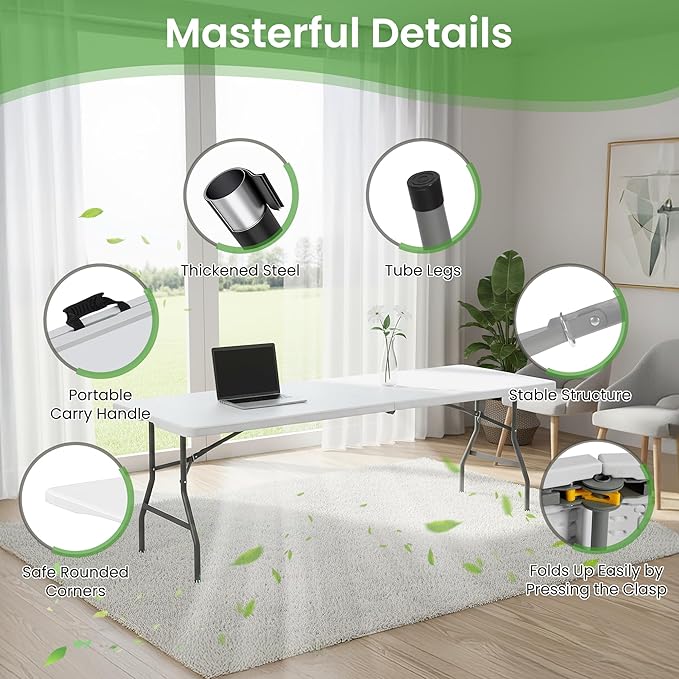 Folding Table 8FT Portable Heavy Duty Plastic Table with Carrying Handle Fold-in-Half Utility Foldable Tables for Parties Wedding Events Dining Indoor Outdoor Picnic (White)