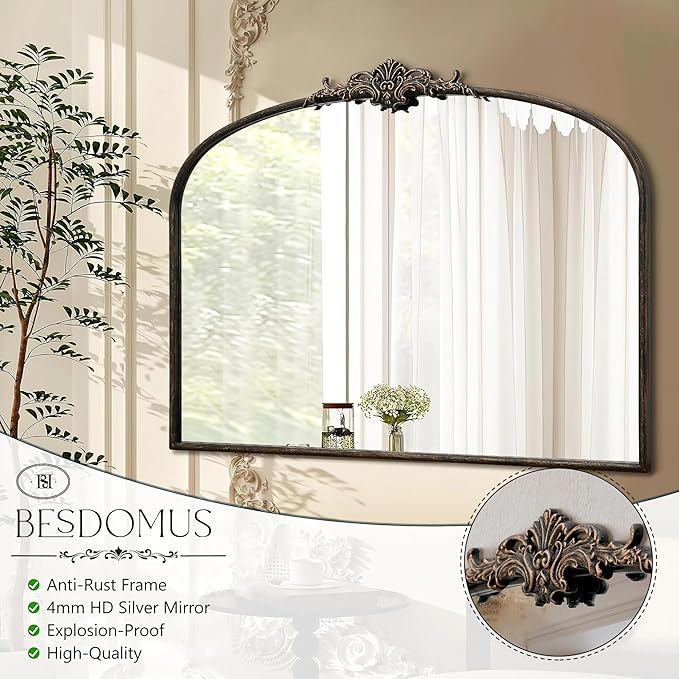 Besdomus Vintage Arched Black Mirror: 40"x29" French Large Arch Antique Wall Decorative Mirror - Baroque Traditional Ornate for Entryway/Bedroom/Fireplace/Bathroom- Home Decor for Interior Designers