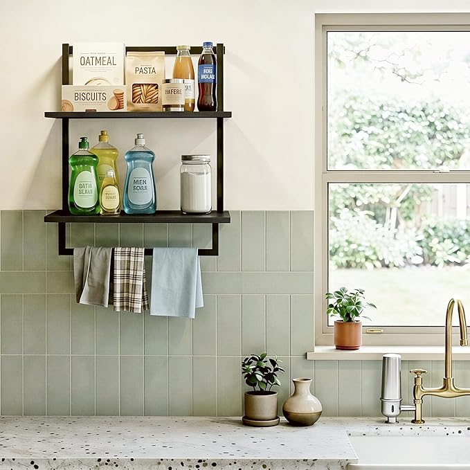 Wall Mounted Towel Rack for Bathroom, Bath Storage Holder 3-Tier Steel Wood Towel Shelf with Bar, Black