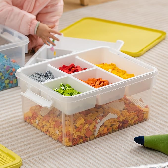 Citylife 17 QT Plastic Storage Box with Building Baseplate Lid and Removable Tray Craft Organizers and Storage Clear Storage Container for Organizing Bead, Tool, Sewing, Yellow-2 Packs