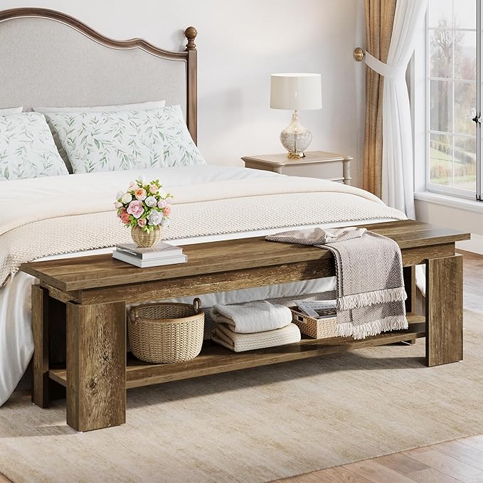 Tribesigns 63" Long Entryway Bench, Rustic Wooden Shoe Bench with Storage Shelf, Farmhouse End of Bed Bench for Hallway, Living Room, Mudroom, Brown