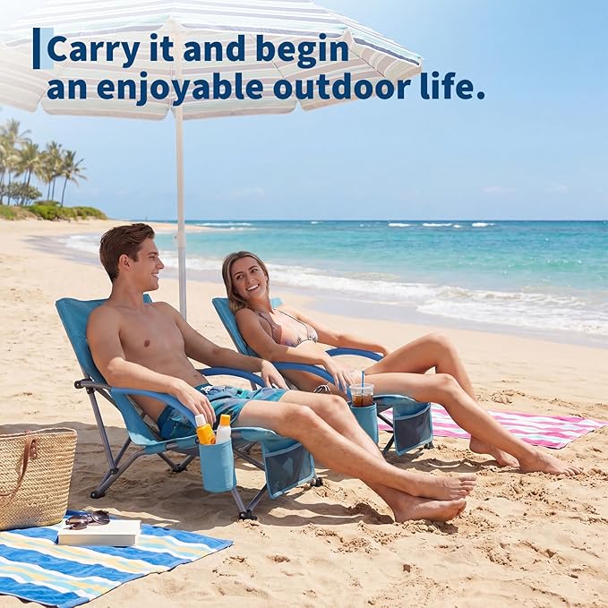 Garvee Low Beach Chair, Folding Portable Beach Chairs for Adults, Lightweight Extra Wide Seat Chair with Cup Holder, Storage Pocket & Carry Bag for Camping, Beach, Travel