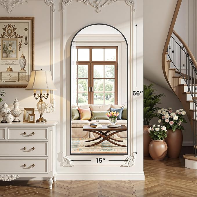 OLIXIS Black Arched Full Length Mirror 15.5"x56" for Bedroom, Full Body Floor Mirror with Stand, Hanging or Leaning for Wall, Aluminum Alloy Thin Frame Floor Standing for Living Room, Long