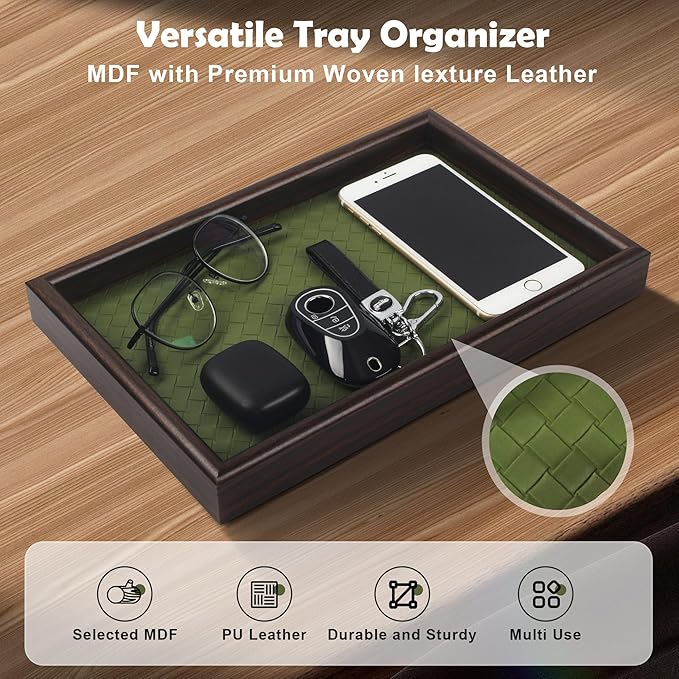 Wooden Valet Tray with Leather Base - Nightstand Catchall Organizer for Cologne, Perfume, Keys, Wallet, Phone, Watch, Jewelry & Sunglasses (Green)