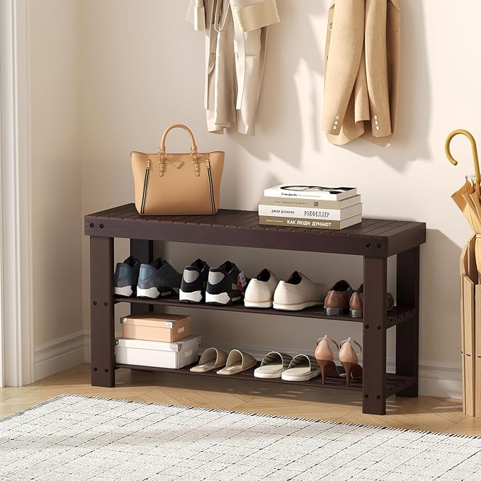 NEWBULIG Shoe Rack Bench, 3-Tier Bamboo Shoe Organizer, Wooden Entryway Storage Bench, 286 lb Load Capacity, 11.2x35.5x17.9 Inches, for Entryway Bathroom Bedroom Balcony, Brown