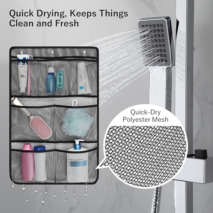 F-color Cruise Essentials 2026 - Mesh Shower Organizer Hanging with 7 Pockets for RV Gym Camping, Quick-Dry Portable Toiletry Bag with Metal Hooks for Bathroom Travel Toiletries, Black+White