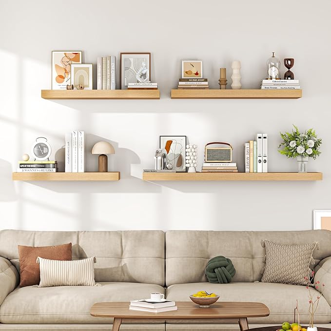 Dreamland 24" Floating Shelves for Wall, 12" Deep Thicker Oak Floating Shelves, Wall-Mounted Shelves for Bedroom, Living Room, Kitchen, Bathroom - Set of 2