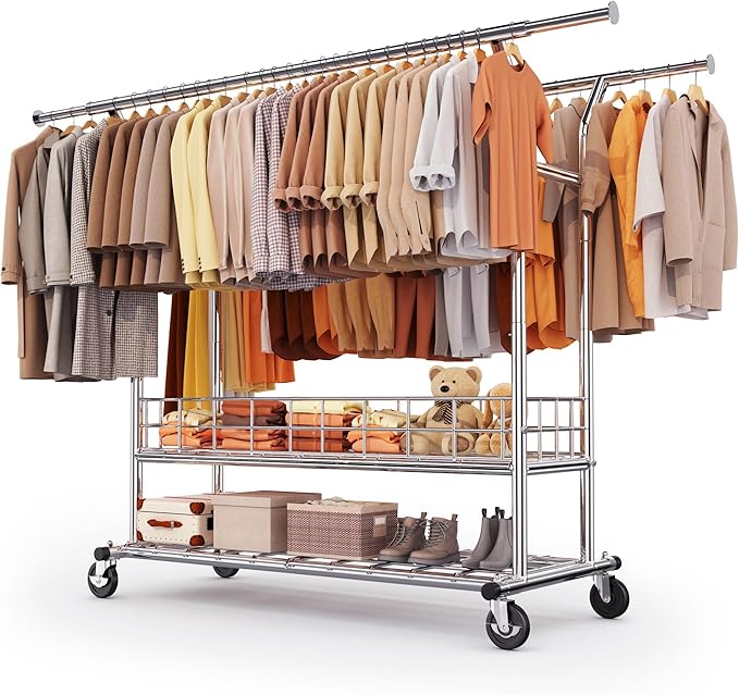 HOKEEPER Heavy Duty Clothes Rack Load 635 LBS, Clothing Rack for Hanging Clothes Adjustable Rolling Garment Rack with Wheels for Bedroom, Living Room (Double Rod with Metal Basket)