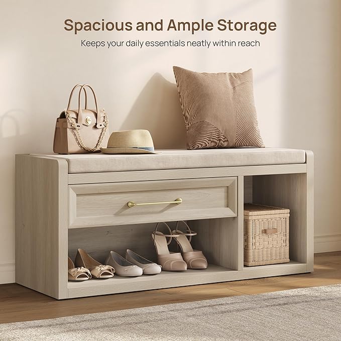 SICOTAS Shoe Bench with Storage, Farmhouse 43.3" Extra Wide Entryway Bench with Cushion, Drawer & Tall Boot Shelf, 18.9" Comfort Height Seat, Large Shoe Organizer for Hallway Bedroom, Grey White Oak