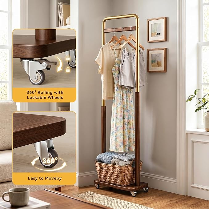 Taitiy Clothes Rack Solid Wood Coat Rack, Metal and Solid Wood Combination Clothing Rack with Wheels for Entryway, Bedroom, Living Room, Coat Racks Freestanding for Hanging Clothes Garment Scarf