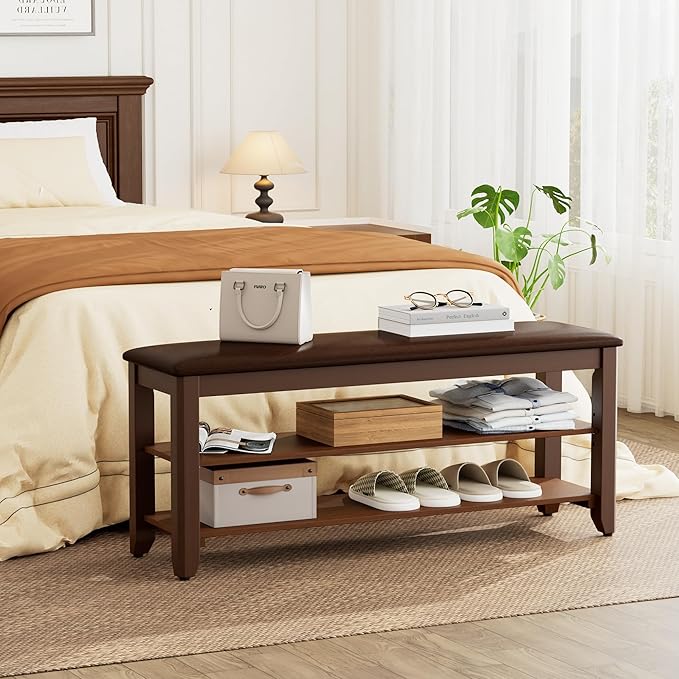 Homleke Shoe Rack Bench with Flip-Top Storage, Solid Wood Entryway Bench with Cushion, Adjustable Shelf, for Hallway, Mudroom, Closet – Walnut, 39.4"