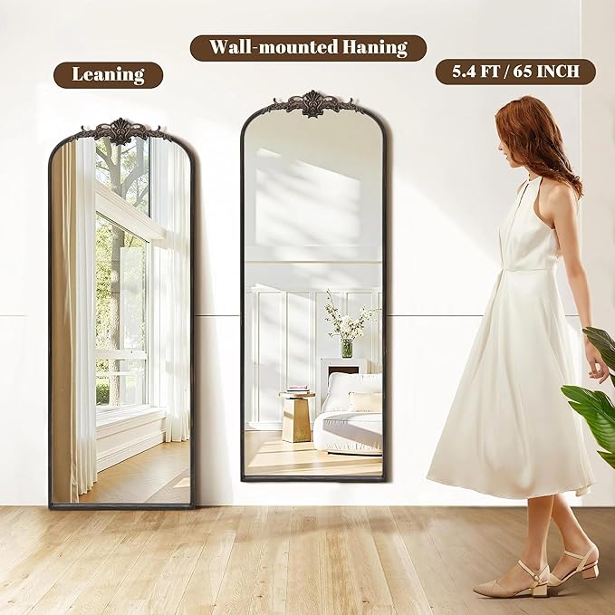 Besdomus Arched Mirror Full Length: 21"x56" French Black Vintage Full Body Mirror - Floor Antique Baroque Traditional Ornate for Entryway/Cloakroom/Bedroom/Living Room - Home Decor for Homemakers