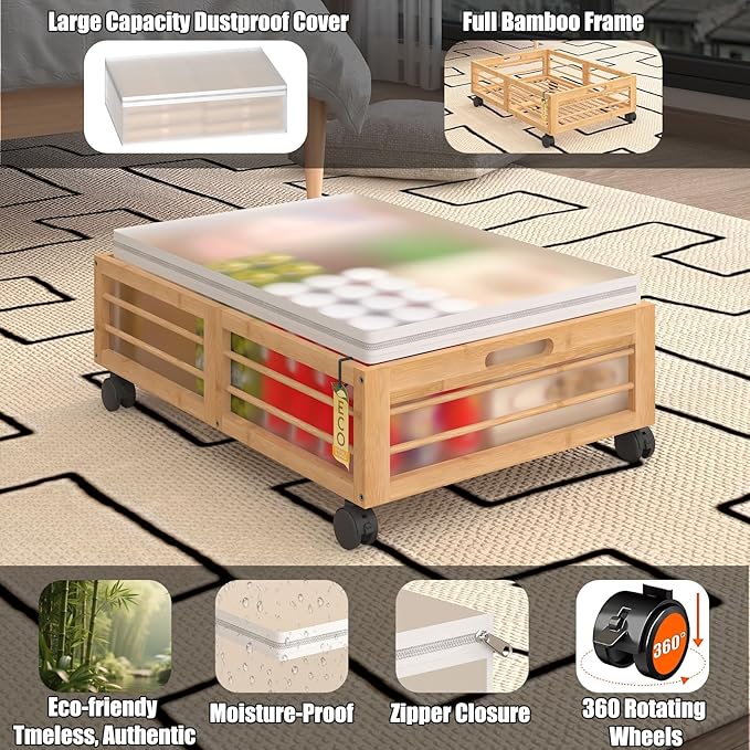 Bamboo Underbed Storage Containers with Wheels & Bag, Large Under Bed Rolling Storage Bins Wood Under Bed Clothes Storage Stackable Drawers for Bedroom Closet Under Crib Toy(Natural)