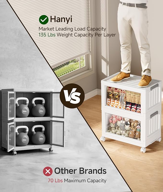 Hanyi 304 QT Stackable Storage Bins with Lids, 4 Tier Collapsible Plastic Storage Cabinet with Magnetic Doors, Removable Top Lid, Locking Wheels, Closet Organizer for Bedroom, Pantry, Office