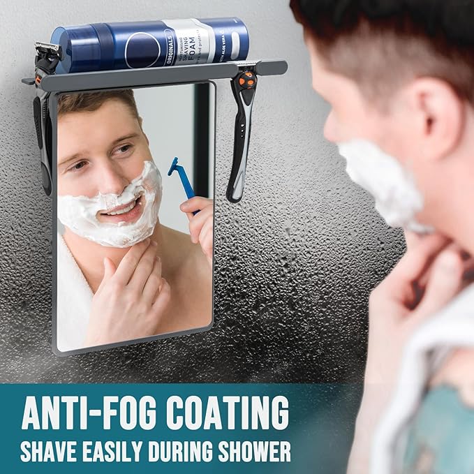 TAILI Shower Mirror Fogless for Shaving, Anti Fog Shaving Mirror with Razor Holder NO-Drilling,Removable,Shatterproof & Waterproof,Wall Mounted Bathroom Accessories with Powerful Suction(Grey)