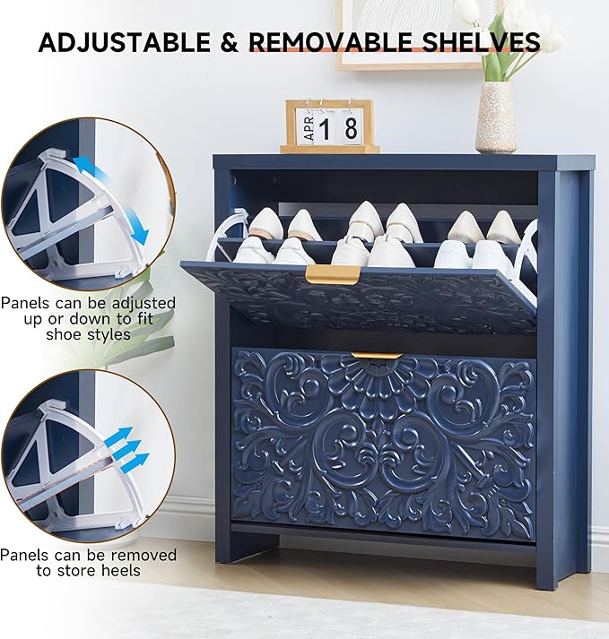 Shoe Cabinet with Flip Drawers, Narrow Shoe Storage Cabinet, 2-Tier Hidden Shoe Organizer with Carved Floral for Entryway, Mid-Century Modern Slim Shoes Storage for Hallway Foyer (1, Midnight Blue)