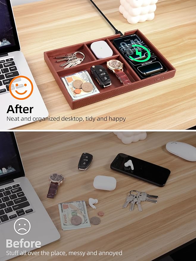 Valet Tray, Built in Wireless Charger, Nightstand Organizer, Mens Jewelry Box, Dresser Organizer, Valet Charging Station, Faux Leather Valet Tray for Men and Women, Brown