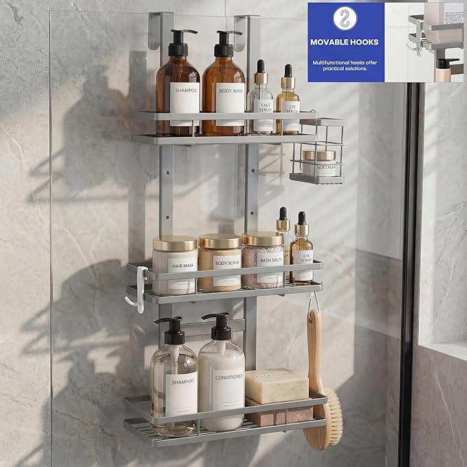 Over the Door Shower Caddy Hanging, Rustproof Shower Shelves with Waterproof Phone Pouch, Adjustable Bathroom Organizers and Storage, No Drilling Shampoo Soap Shelf (Silver 3-Tier)