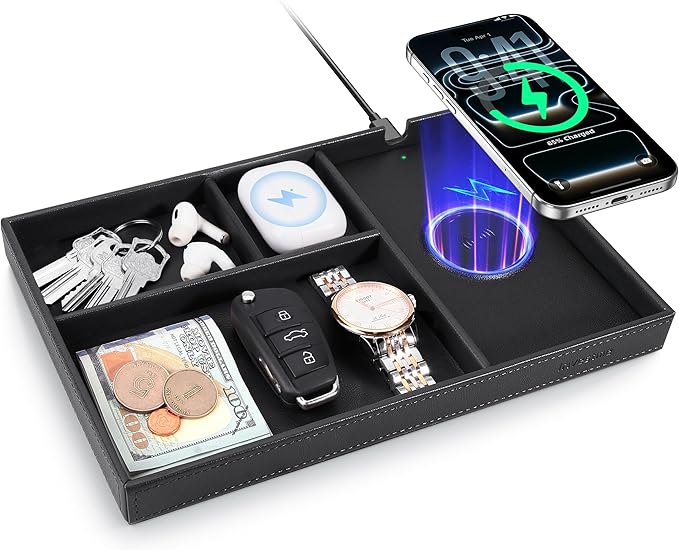 Valet Tray, Built-in Wireless Chargers, PU Leather Nightstand Organizer, Desk Bedside Caddy Organizer Tray for Men Women, EDC Catchall Trays for Keys, Watch, Phone, Jewelry, Black