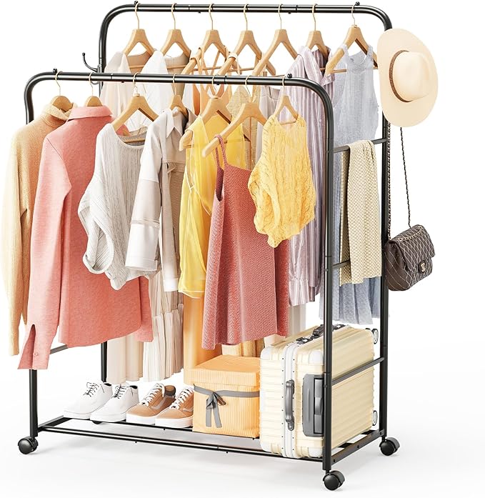 TigerParty Double Rods Clothes Rack for Hanging Clothes, Rolling Clothing Rack with Wheels, 6 Side Bars Freestanding Garment Racks for Bedroom Laundry Living Room