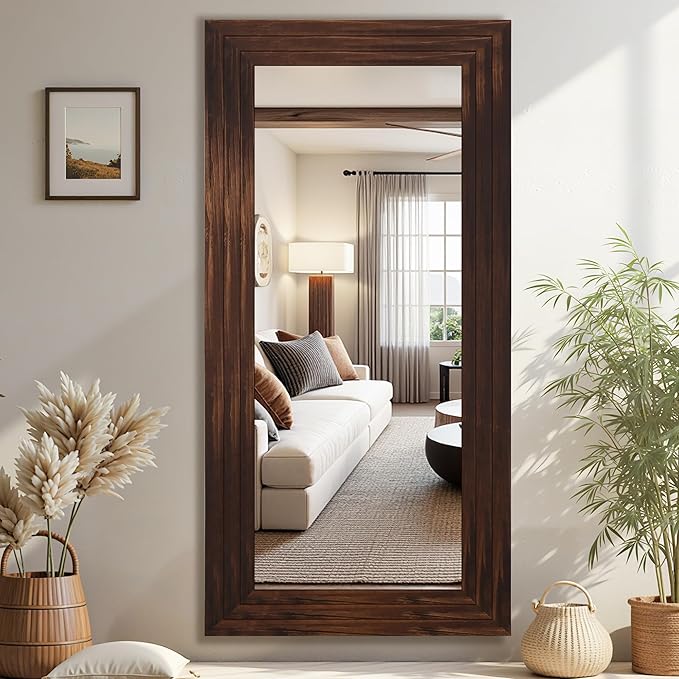 Antok Full Length Mirror with Solid Wood Frame, 71"×32" Wall Mounted Oversized Floor Mirror with Stand, Leaning Standing Hanging for Bedroom Living Room Entryway, Walnut, Rect Style