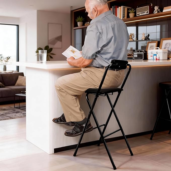 Folding Stool with Back – 1Pcs Height for Kitchen Counter & Bar Table, Extra Thick Cushion, Heavy Duty, Portable for Camping, Music Practice, Standing Desk – No Assembly Required 25.5 Inch