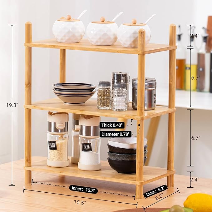 3-Tier Expandable Bamboo Desktop Organizer Shelf Kitchen Cabinet and Counter Riser Display Shelf for Top of Desk Home Office Bathroom Coffee Table Display Stand,Natural
