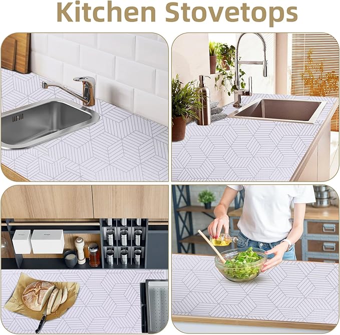 Shelf Liners for Kitchen Cabinets 24in x 30FT, Non Adhesive Cabinet Liner Strong Non-Slip Thickened Silver Geometric Easy to Clean for Shelf, Cabinet, Refrigerator with Knife and Tape Measure