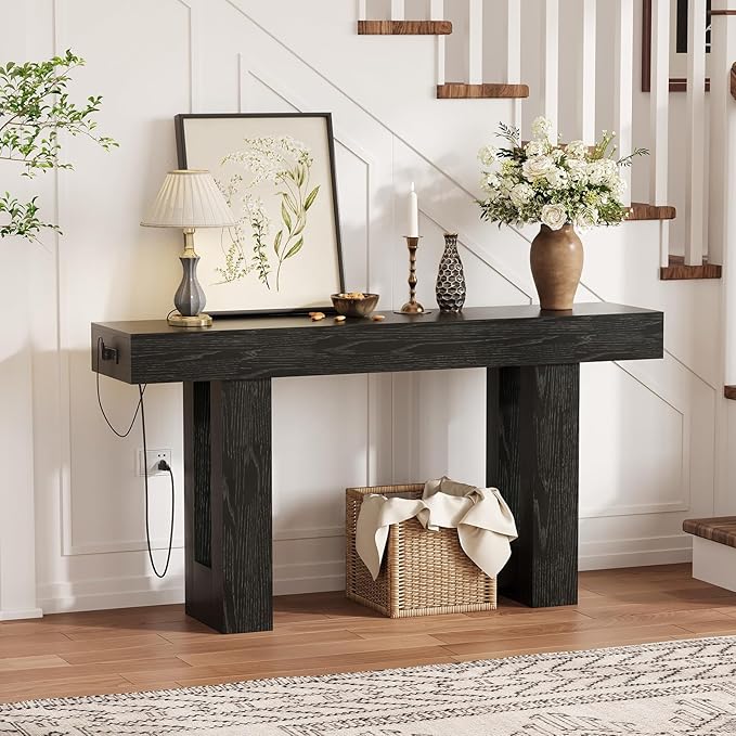 IDEALHOUSE 63" Entryway Table, Wood Console Table with Charging Station, Extra Long Sofa Table, Narrow Hallway Foyer Table for Entryway, Hallway, Living Room, Black