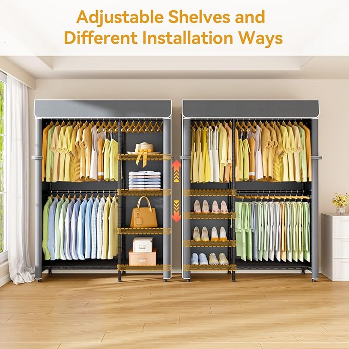 ULIFHOME F2C Clothes Rack with Cover, Clothing Racks for Hanging Clothes, Heavy Duty Garment Rack with Shelves and Hanger Rods, Black Closet with Gray Cover, 47.2" W x 16.5" D x 78.3" H, Load 630lbs