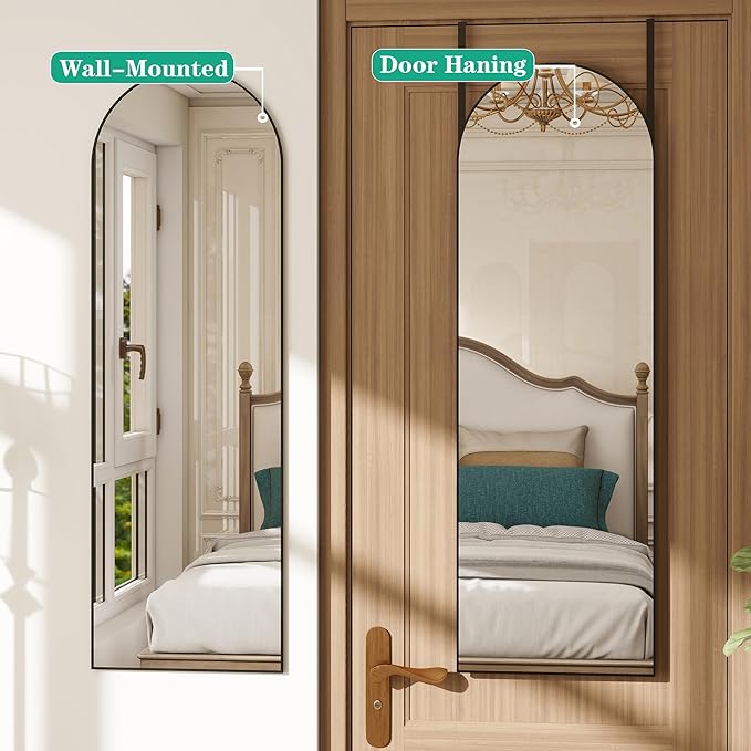 Over the Door Mirror Full Length, 48"x14"Door Hanging Mirror Full Length Arch Mirror, Behind the Door Wall Mirror, Back of Door for Closet Bedroom Living Room, Black