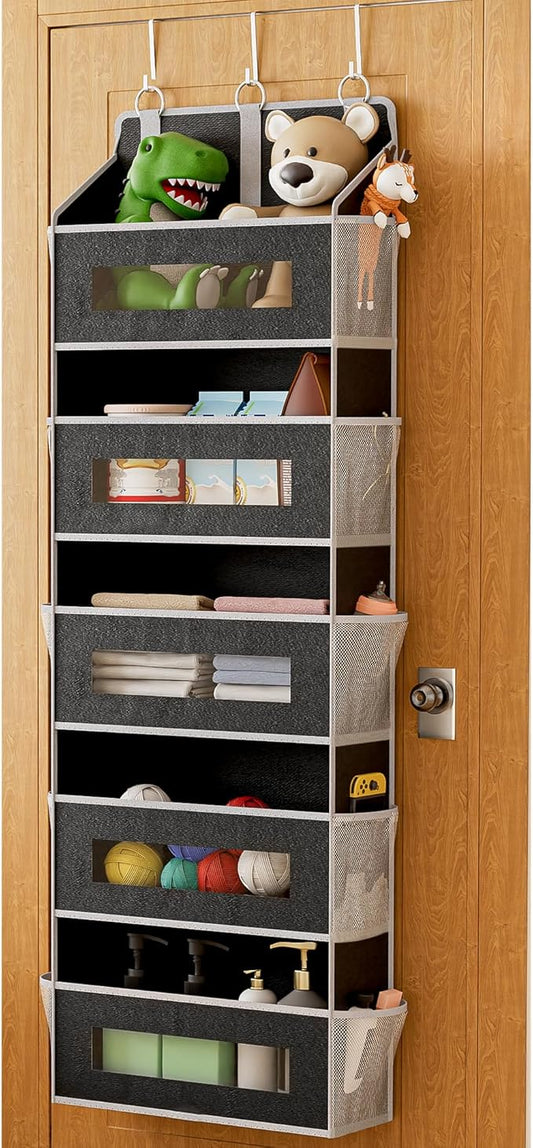 5 Tier Over The Door Organizer - Large Capacity Behind Door Hanging Shelves with 10 Mesh Pockets and Clear Windows, Closet Organizers and Storage for Bathroom, Bedroom, Nursery, Black