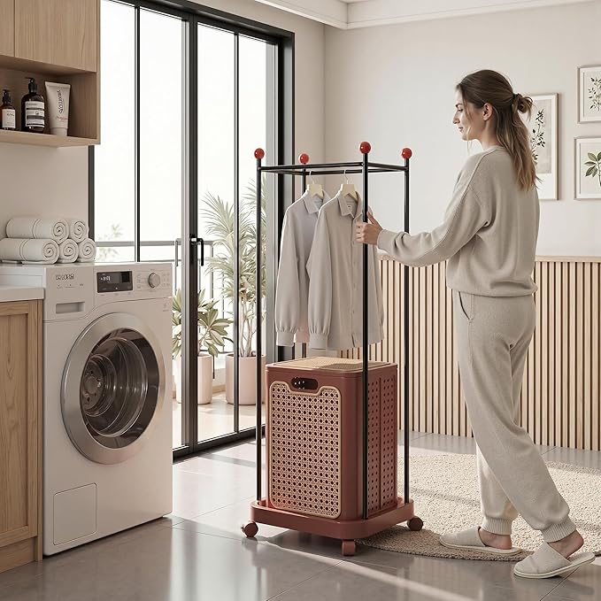 VECELO Laundry Hamper with Clothes Rack, Rolling Laundry Basket with Lid and Wheels, Tall Clothes Stand for Hanging Clothes, Multifunctional Laundry Organizer for Bedroom, Bathroom, Brown