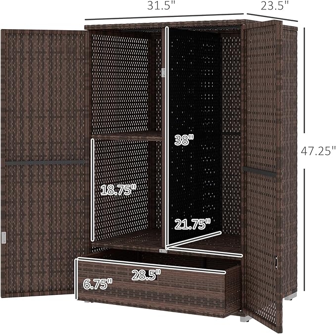Outsunny Wicker Outdoor Storage Cabinet with Shelves, 2-Door Rattan Pool Towel Storage Cabinet with Removable Shelf & Drawer, Outdoor Towel Holder for Garden, Backyard, Porch, Mixed Brown