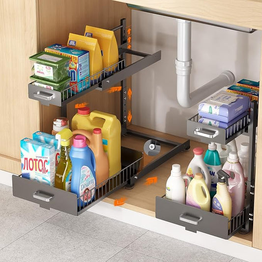 2 Pack Under Sink Organizer, 2 Tier Slide Out Cabinet Organizer with Pulley, Height Adjustable Pull Out Shelf for Kitchen, Bathroom, Laundry and Utility Storage, Gray