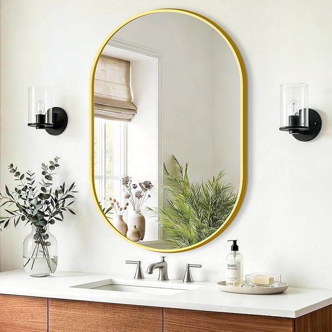 TRAHOME Oval Bathroom Mirror, 24"x36" Gold Vanity Mirror for Over Sink, Bedroom, Living Room, Entryway, Modern Mounted Metal Frame Wall Mirror