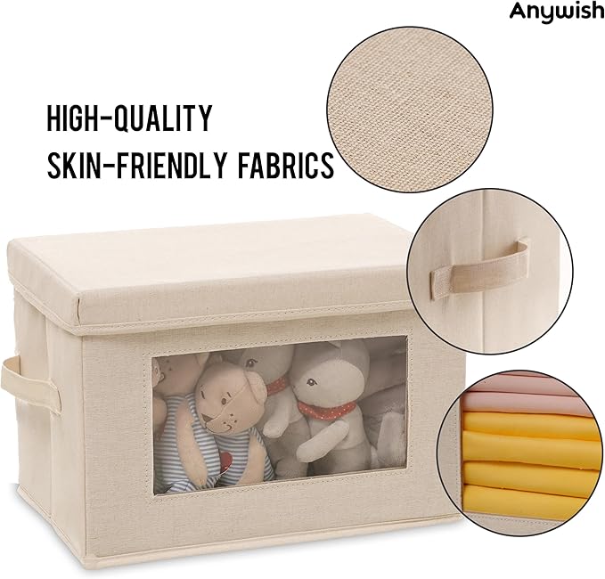 3 Pack Storage Bins with Lids, Fabric Foldable Storage Bins with Soft Cord Handles, Canvas Storage Bin with Lid for Organizing Clothes, Blankets and Books, Beige