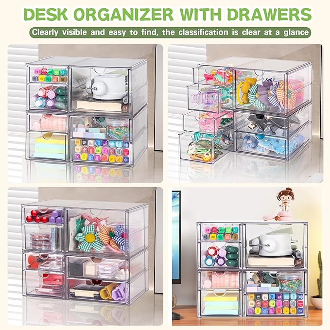 VZKAH Acrylic Organizer and Storage | 7 Drawers 2 Sets | Desk Organizer with Drawers, Clear Makeup Storage Drawers, For Beauty/Office/Craft Supply Storage and Organization