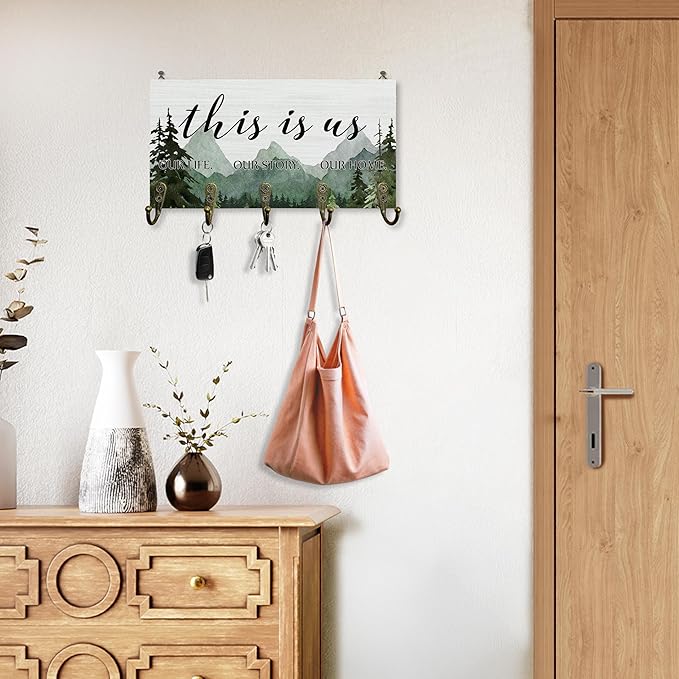This is us Decor Key Holder for Wall 10"x5.12", Inspiration Sign Key Hanger Wall Mount, Family Quotes Rustic Forest Mountain Wooden Hanging Keys Holder Decor for Entryway Front Door（5 Hooks）