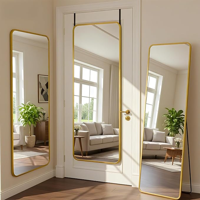 Antok 58''x 20'' Full Length Mirror Over Door, 4-in-1 Standing Leaning Wall Mounted, Adjustable Hanging Mirror for Bedroom Living Room, Gold, Rounder Corner