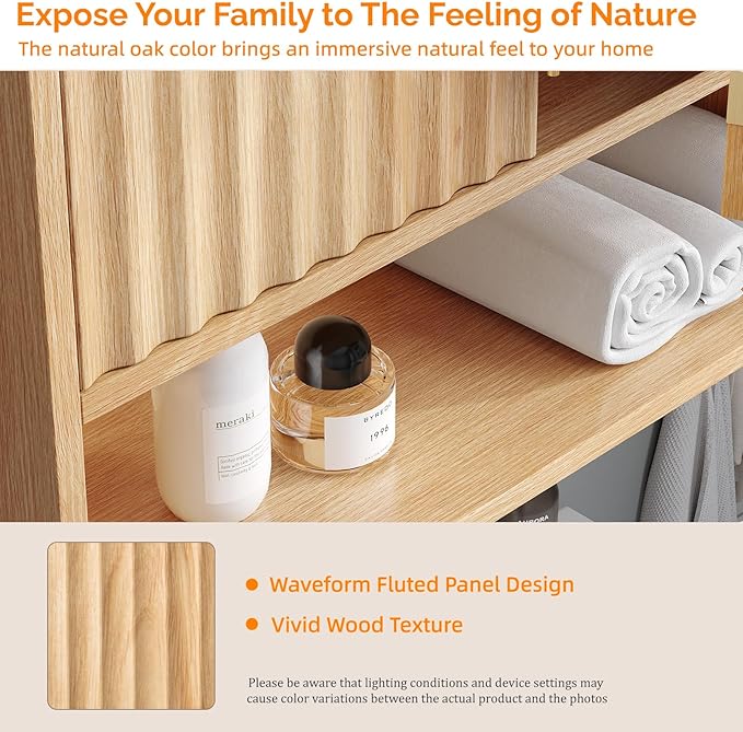 VINGLI Bathroom Wall Cabinet with Fluted Doors, Natural Oak Wall Mounted Medicine Cabinet with Adjustable Shelf, Over The Toilet Storage Cabinet for Bathroom, Kitchen & Laundry Room