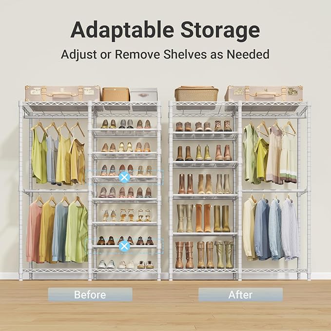 VIPEK S2 Heavy Duty Clothes Rack with Shoe Shelves Freestanding Clothing Rack with 8-Tier Shoe Rack, Double Hanging Rod, Adjustable Shelf, Walk in Closet Organizer Garment Rack, White