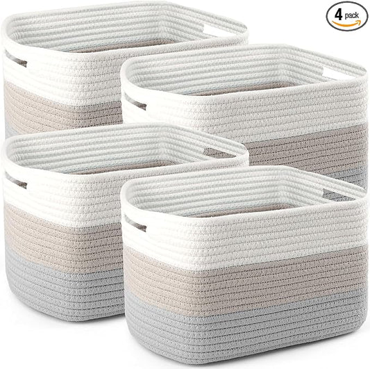 4 Pack Storage Baskets for Organizing, 12''Lx9''Wx8''H Woven Baskets for Storage Toys, Towels, Books, and Clothes, Cotton Rope Basket for Shelves with Handle White & Brown
