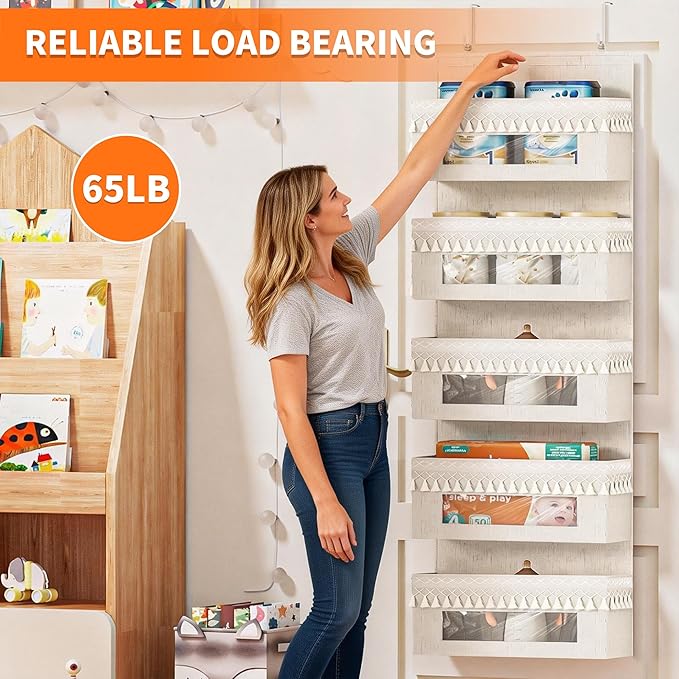 Aokeyee 5 Tier Over The Door Organizer Storage Nursery, Boho Door Organizer Hanging with Tassels and Clear Window, 65lb Behind The Door Storage for Baby Nursery, Bedroom, Bathroom